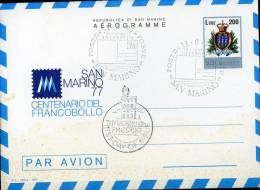 AEROGRAMMA SAN MARINO SAN MARINO '77 CENTEN FRANCOBOLLO  L 200 1977 ANN SPEC FDC - Interi Postali