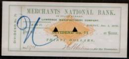 USA CHECK MERCHANTS NATIONAL BANK VALUE $30.00 1876 USED - Non Classés