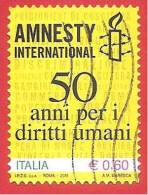 ITALIA REPUBBLICA USATO - 2011 - 50º Anniversario Di Amnesty International -   € 0,60 - S. 3235 - 2011-20: Used