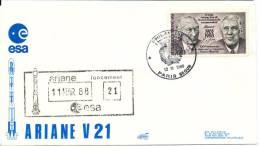 France Cover SPACE ARIANE V 21, 11-8-1988 Postmark Paris 12-3-1988 With Cachet - Brieven En Documenten