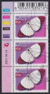 South Africa Used Scott #882 14r Lilac Tip Butterfly Upper Left Corner Vertical Strip Of 3 - Bottom Stamp Has Perf Tear - Oblitérés