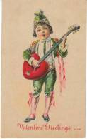 Valentines Day Greeting, Boy Plays Guitar Heart Shape, Fancy Dress Fashion, C1910s Vintage Postcard - Valentine's Day