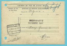 Dokument QUITTANCE DE PRODUITS EXTRAORDINAIRES Met Spoorwegstempel HAREN N° 2 Op 2/11/1927 - Autres & Non Classés