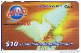 Cambodia, Hello SAMART Card, $10, Dove, Bird, 2 Scans. - Cambogia