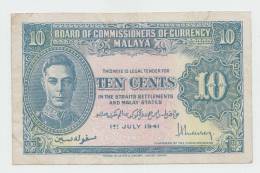 Malaya 10 Cents 1941 VF+ Banknote KGVI P 8 - Malaysie