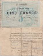 RARE **** 5 FRANCS 4 DECEMBRE 1870 - VILLENEUVE L'ARCHEVEQUE (YONNE) **** EN ACHAT IMMEDIAT !!! - ...-1889 Tijdens De XIXde In Omloop