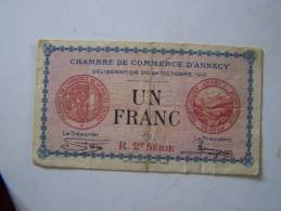 BILLET 1 F UN FRANC CHAMBRE DE COMMERCE ANNECY 1917 Petit Format état Correct Pliure Centrale - Chambre De Commerce