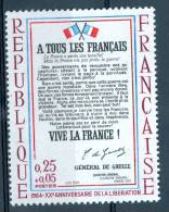 VARIÉTÉS FR 1964 N°1408 A TOUS LES FRANÇAIS VIVE LA FRANCE GÉNÉRALE DE GAULLE NEUF *DOS CHARNIÈRES - Unused Stamps