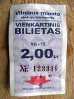 Transportation Ticket, One Way Of Bus Or Trolleybus Of Vilnius City From Lithuania, 2,50lt - Europe