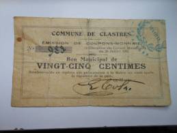 Aisne 02 Clastres , 1ère Guerre Mondiale 25 Centimes - Bons & Nécessité