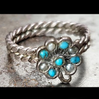 - Ancienne Bague Fleur Magyar En Perles Et Turquoises T 58-59 / Old Hungarian Silver, Turquese And Pearls Flower Ring - Bagues