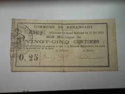 Aisne 02 Renansart , 1ère Guerre Mondiale 25 Centimes R - Bons & Nécessité