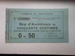 Aisne 02 Seboncourt Bon D'assistance , 1ère Guerre Mondiale 50 Centimes R QUALITE ! - Bons & Nécessité