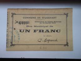 Aisne 02 Sequehart , 1ère Guerre Mondiale 1 Franc R - Notgeld
