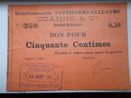 Normandie 76 Gruchet-le-Valasse Ets Forthomme-Alleaume-Ozanne & Cie , 1ère Guerre Mondiale 50 Centimes R - Bons & Nécessité