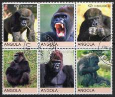 Angola 2000 Gorillas, Monkeys Block Of 6 CTO - Gorilla's