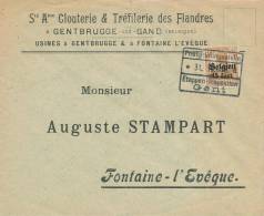 515/20 - Enveloppe GENTBRUGGE TP Germania Censure Des Etapes De GENT 1916 Vers FONTAINE L ´ EVEQUE - OC26/37 Zonas Iniciales