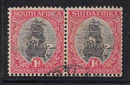 South Africa Used Scott #24(?) 1p Jan Van Riebeek´s Ship Drommedaris Horizontal Pair Perf 14 X 14.25 Ex-booklet? - Stain - Used Stamps