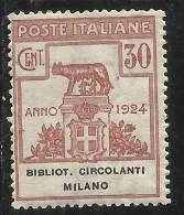 ITALIA REGNO 1924 PARASTATALI BIBLIOTECHE CIRCOLANTI MILANO CENT. 30 MNH - Portofreiheit