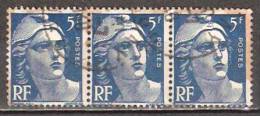 Timbre France Y&T N° 719B Bande De 3 (1) Obl.  Marianne De Gandon.  5 F. Bleu. Cote 0,90 € - 1945-54 Marianne Of Gandon