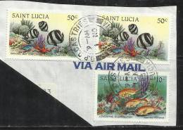 ST SAINT SANTA LUCIA 1983 FISHES BANDED BUTTERFLY FISH LONGSPINE SQUIRELLEFISH - PESCI USED - St.Lucia (1979-...)