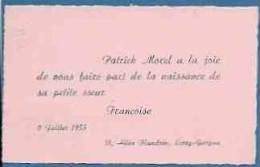 Faire-part De Naissance 1955 Livry Gargan (93 Seine St Denis) Morel, Patrick, Françoise, 2 Juillet - Nacimiento & Bautizo