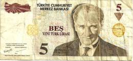 TURKEY 5 LIRASI BEIGE MAN FRONT & BUILDING BACK  DATED 2005 P217 F+ READ DESCRIPTION CAREFULLY !! !! - Turchia