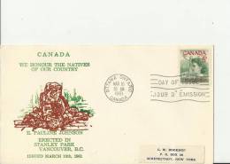 CANADA 1961 – FDC MONUMENT TO E.PAULINE JOHNSON – TO NATIVES OF CANADA IN VANCOUVER, BC W 1 ST OF 5 C  ADDR TO SCHENECTA - 1961-1970