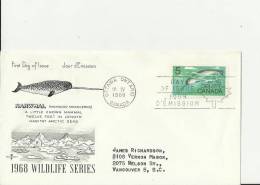 CANADA 1968– FDC  NARWHAL ( MONODON MONOCERUS) WHALE LITTLE KNOWN MAMMAL (DES 1)  ADDR TO VANCOUVER  W 1 ST  OF 5 C POST - 1961-1970