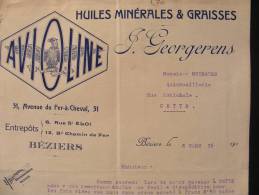 Facture 1910 Illustrée (Aigle) - Béziers (34) - Avioline - Huiles Minérales Et Graisses - Georgerens - Automobil