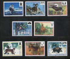 POLAND 1973 GAME ANIMALS SET OF 8 USED Wolf Moose Mountain Goat Lynx Deer Wild Pig Boar Stag Pheasant Bird Trees - Animalez De Caza