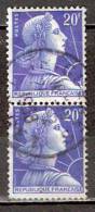 Timbre France Y&T N°1011Bx2 (2) Obl. Paire Verticale. Marianne De Muller.  20 F. Bleu. Cote 0,30 € - 1955-1961 Marianne De Muller