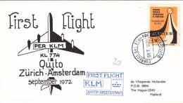 Amsterdam Quito Zurich 1972 - First Flight - 1er Vol KLM  Equateur Ecuador - Poste Aérienne