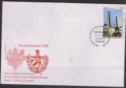 O) 2012 CUBA, 110 ANNIVERSARY OF THE ESTABLISHMENT OF DIPLOMATIC RELATIONS BETWEEN CUBA AND FRANCE, FIRST DAY COVER. - FDC