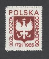 VIGNETTE SOLIDARNOSC  - 1985 - Timbre Dentelé - Anniversaire 1ère Constitution Du 3 Mai 1791  - Fraicheur Postale - Viñetas Solidarnosc