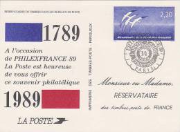 Entier Postaux Bicentenaire De La Révolution Philexfrance 89 Souvenir Philatélique 1789 1989 Carte Réservataire - Official Stationery