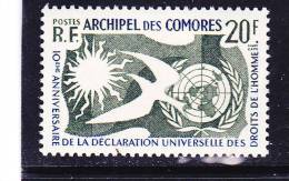 COMORES N° 15 20F BLEU ET VERT 10E ANNIVERSAIRE DE LA DÉCLARATION DES DROITS  DE L´HOMME NEUF SANS CHARNIERE - Unused Stamps