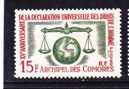 COMORES N° 28 15F CARMIN ET VERT 15E ANNIVERSAIRE DE LA DECLARATION DES DROIT S DE L'HOMME NEUF SANS CHARNIERE - Ongebruikt
