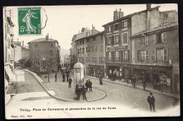 CPA  ANCIENNE- FRANCE- THIZY (69)- PLACE DU COMMERCE- RUE DE VAISE- BELLE ANIMATION- KIOSQUE- VITRINES- CREDIT LYONNAIS - Thizy