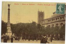Delcampe - PARIS - 1 Er ARR  - Place Du Chatelet - Théatre Sarah Bernhardt.. Très Belle Carte Toilée Couleur. - Plätze