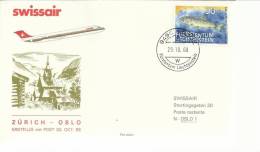 LIECHTENSTEIN VADUZ CC   PRIMER VUELO ZURICH OSLO 1988 AL DORSO MAT - Storia Postale