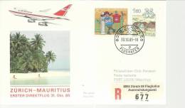 SUIZA CC  CERTIFICADA PRIMER VUELO ZURICH MAURITIUS AL DORSO MAT - Storia Postale