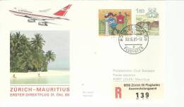 SUIZA CC  CERTIFICADA PRIMER VUELO ZURICH MAURITIUS AL DORSO MAT - Brieven En Documenten