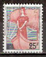 Timbre France Y&T N°1216 (4) Obl.  Marianne à La Nef.  25 F. Vert-gris Et Rouge. Cote 0,15 € - 1959-1960 Marianne à La Nef