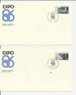 CANADA 1986– SET OF 2 FDC EXPO 86 WORLD EXPOSITION – VANCOUVER “WORLD IN MOTION & IN TOUCH” -  W 1 ST EACH OF 34 (PAVILL - 1981-1990