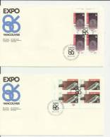 CANADA 1986– SET OF 2 FDC EXPO 86 WORLD EXPOSITION – VANCOUVER TRANSPORT (TRAIN) – EXPO CENTER (GLOBE)  - EACH  W 1 UPPE - 1981-1990