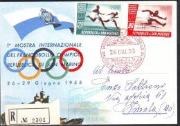 Francobollo San Marino Posta Aerea, Raccomandata" Mostra Franc. Olimpici  (serie) Val 80 + 120 " Anno 1955 - Cartas & Documentos