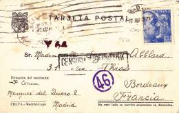 9170# MADRID 1945 CENSURA MILITAR + CENSURA  FRANCES => FRANCIA BORDEAUX GIRONDE CENSURE FRANCAISE CIVIL WAR - Marcas De Censura Nacional