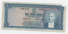 Turkey 5 Lira L.1930 (1959) "F" (missing Edge) RARE Banknote P 155 - Turchia