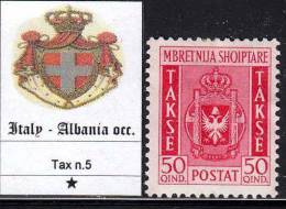 ITALIA OCC. ALBANIA - Tax N.5 - Cat. 110 Euro - LINGUELLATO - MH* - LUXUS ORIGINALGUMMI Mit Falz - Albanien